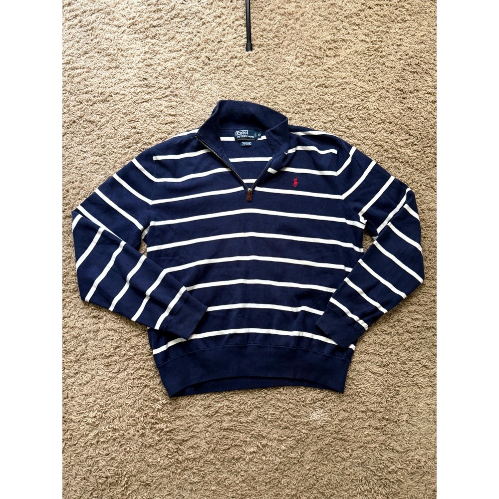 Vintage Polo Ralph Lauren Sweatshirt XL Blue White Striped Long Sleeve Ribbed